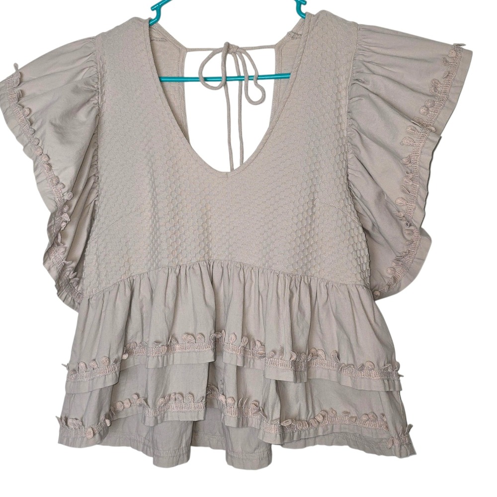 Anthropologie Smocked Peplum Blouse Taupe Cotton Flutter Sleeve Boho Top Small - Picture 2 of 8